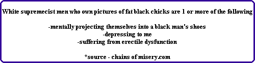 White supremecist men who own pictures of fat black chicks are 1 or more of the following

-mentally projecting themselves into a black man's shoes
-depressing to me
-suffering from erectile dysfunction

*source - chains of misery.com