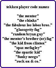 tekken player code names

